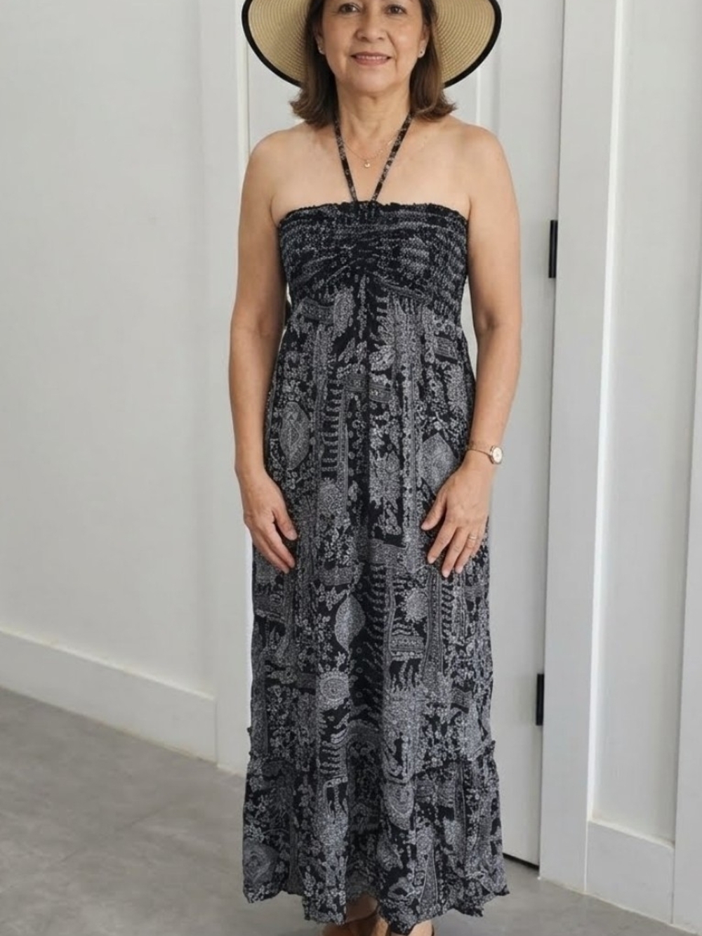 RAVIYA.Smocked Strapless Black & Gray Maxi Dress